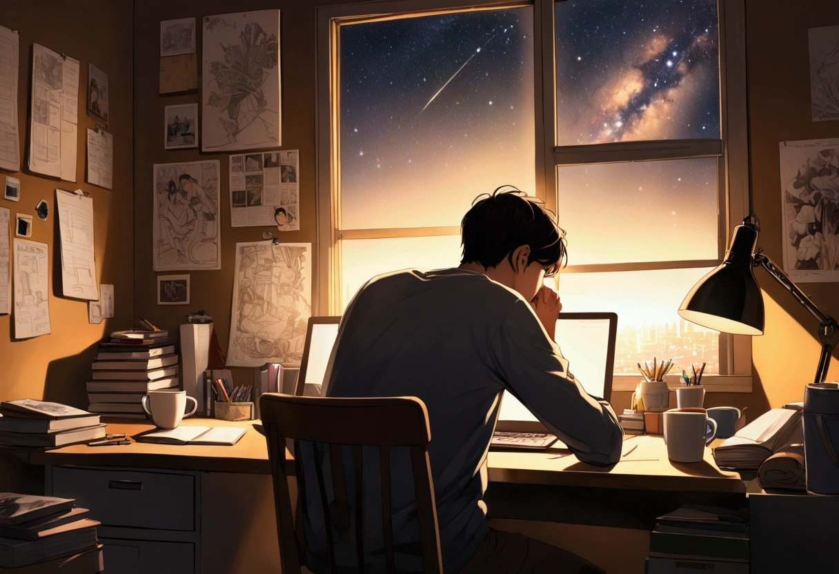A young man sits at his desk in a dimly lit room, the only light coming from the glow of his computer screen and a small desk lamp casting a warm, golden hue. The room is cluttered with notebooks, sketches, and coffee cups, evidence of long nights spent chasing his dreams. The man’s face is illuminated by the soft light of the screen, focused and determined as he types away, deep in thought. Outside the window, the city sleeps under a blanket of stars, but inside, the young man’s mind is alive with ideas and ambitions. A vision board hangs on the wall, filled with goals, aspirations, and inspiring quotes that keep him motivated. The atmosphere is quiet, almost serene, with the faint hum of the computer as the only sound, but there's a palpable sense of energy and purpose in the air as he works tirelessly, driven by his passion to turn his dreams into reality.