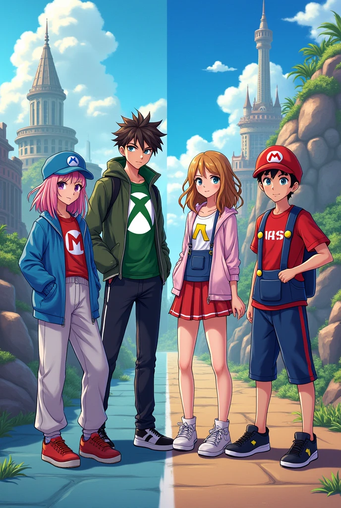 A girl Logo PlayStation, a boy logo Xbox, a girl logo Nintendo, a boy logo Steam anime