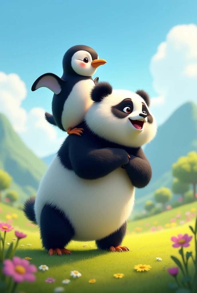 Penguin stepping on a panda animated image