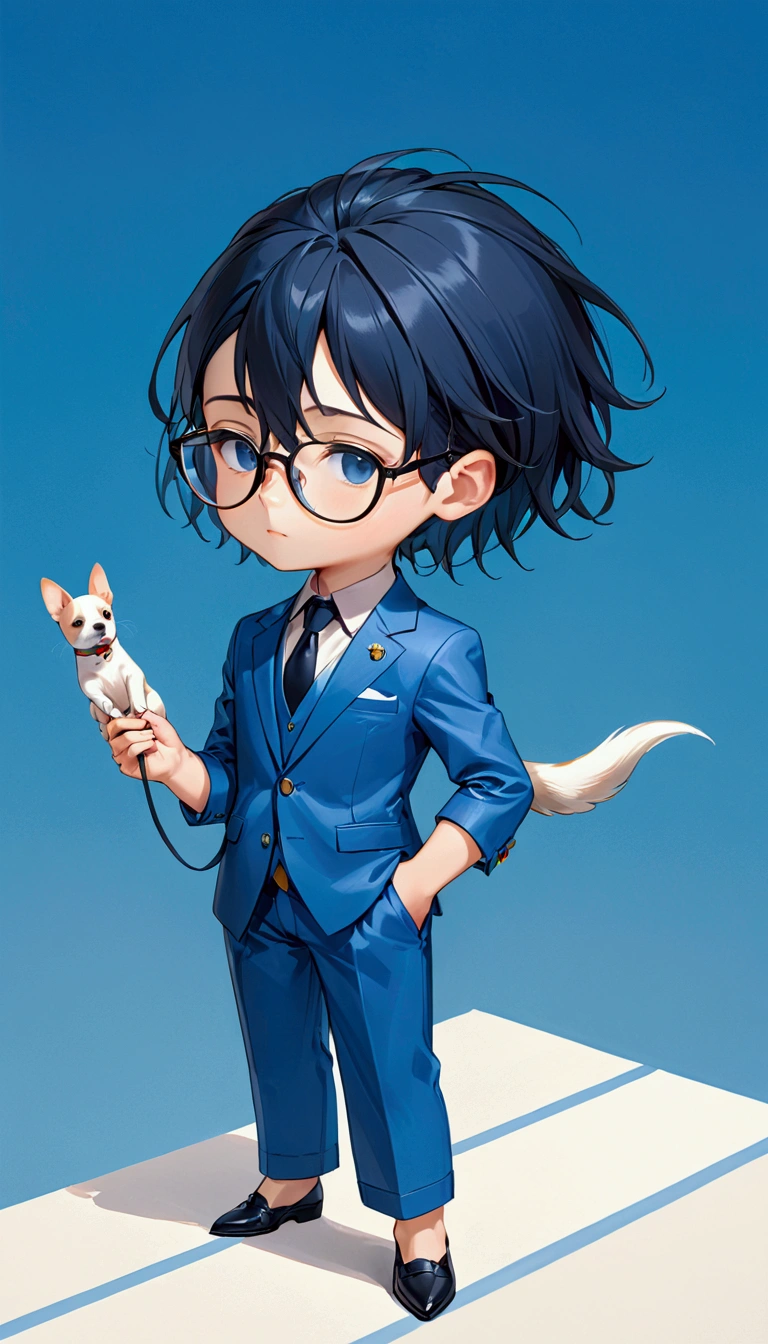 Highest quality、high resolution、High detail、consul、Slicked back hair、Handsome、whole body、Glasses in both hands、puppy、Blue suit