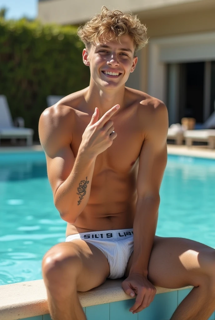 Create an ultra realistic photo for me, poolside background, sunny and hot day, quiet, Low-angle portrait of a European age boy, blond, bonitas, muscled body, beautiful muscles, tatoo, wearing underwear, squeezing the penis, Sitting on the edge of the pool, Grinning, crotch focus, very sexy, showing the middle finger