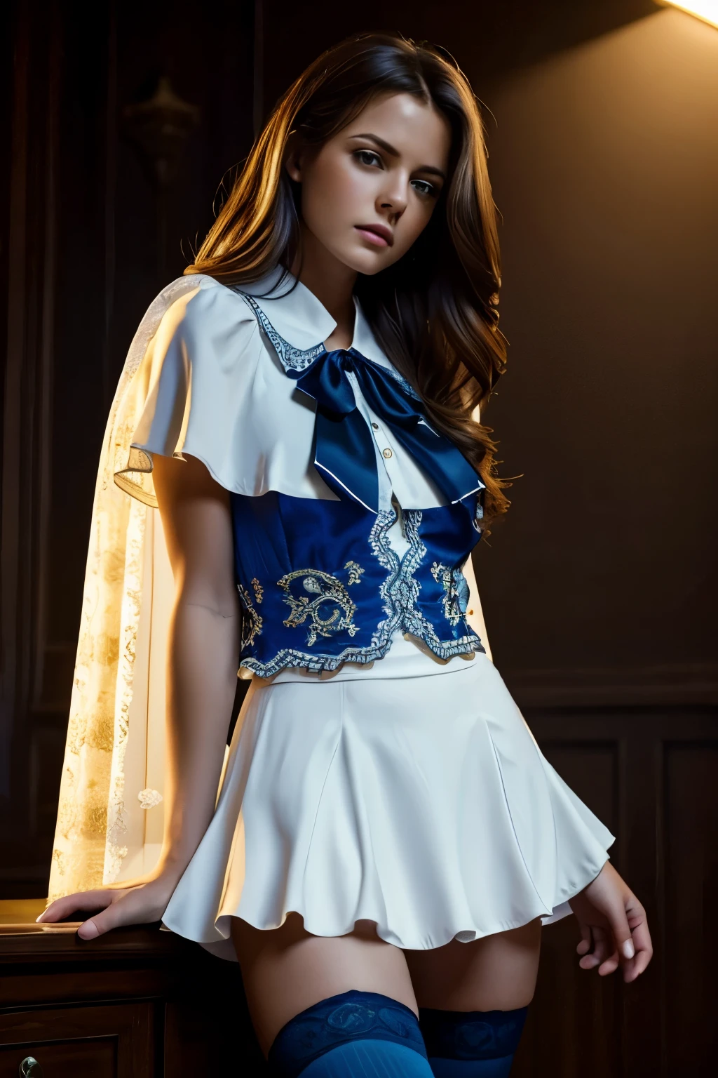 (masterpiece, best quality:1.2), cowboy shot, solo, 1girl, charlotte aulin, expressionless, closed mouth, looking at viewer, ascot, capelet, skirt, blue thighhighs, highly detailed, photorealistic, cinematic lighting, intricate details, vibrant colors, elegant, studio lighting, hyper detailed facial features, porcelain skin, flawless, chiaroscuro, atmospheric, dramatic