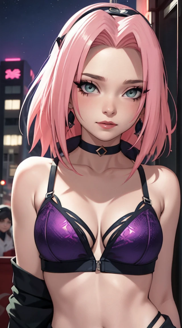 tmasterpiece， Best quality at best， 1girll， Sakura Haruno， Large breasts，prostitute attire，（cleavage)，（upperbody closeup)，Raised sexy，is shy，ssmile，with pink hair， long whitr hair， （Green eyeballs:1.4)， Forehead protection，nighttime, city，deep cleavage, revealing clothes, whorish (makeup), ((eyeshadow)), (prostitute), slutty, midriff, prostitute, slutty outfit, lipstick, fishnet, thong, piercings, money, slutty expression, (purple eyeshadow),