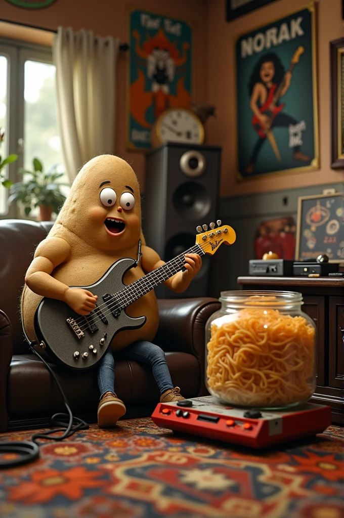 A potato playing a video game: Guitar Hero, while Metallica's Kirk Hammett argues with a jar of Ramen.