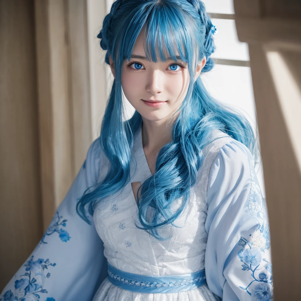 (masterpiece), (Highest quality), (Super detailed),(Disheveled Hair),(figure), (One person), Are standing, smile, Beautiful attention to detail, Bright Blue Eyes, Beautiful face in every detail, (kamisato ayaka: 1.2), Focus on the face,  ponytail, kamisato ayaka(Genshin Impact), Light blue hair, Detailed Hair, bangs, Best lighting, Best Shadow, Very detailed, Vibrant