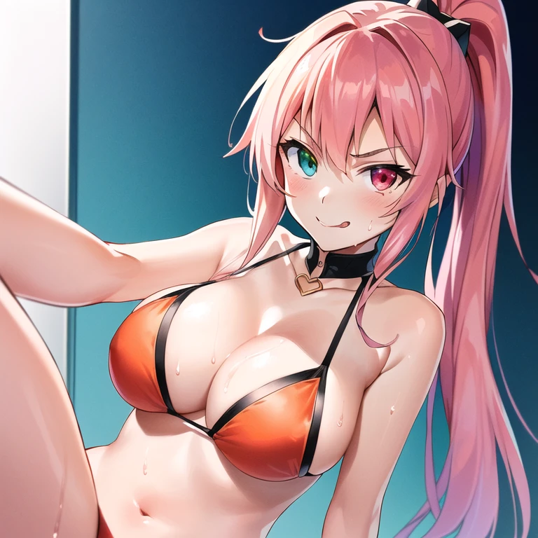 anime girl , with heterochromia, left eye pink, right eye orange, pink fur, ponytail, red and black bikini, selfie to her chest, breasts closeup. happy smile. background a forest. beads of sweat on his chest, mischievous smile, Moe anime art style, bright red eyes, looking disgusted, looking angry, eyebrows raised, eyes wide open in shock, mouth sticking out tongue,  4K anime style, anime art wallpaper 8k, 4k anime wallpaper, 4k anime wallpaper, 4k anime wallpaper, anime art wallpaper 4k, anime art wallpaper 4k, manga wallpaper 4k, seductive anime girl, Kantai Collection Style, anime rudo 8K