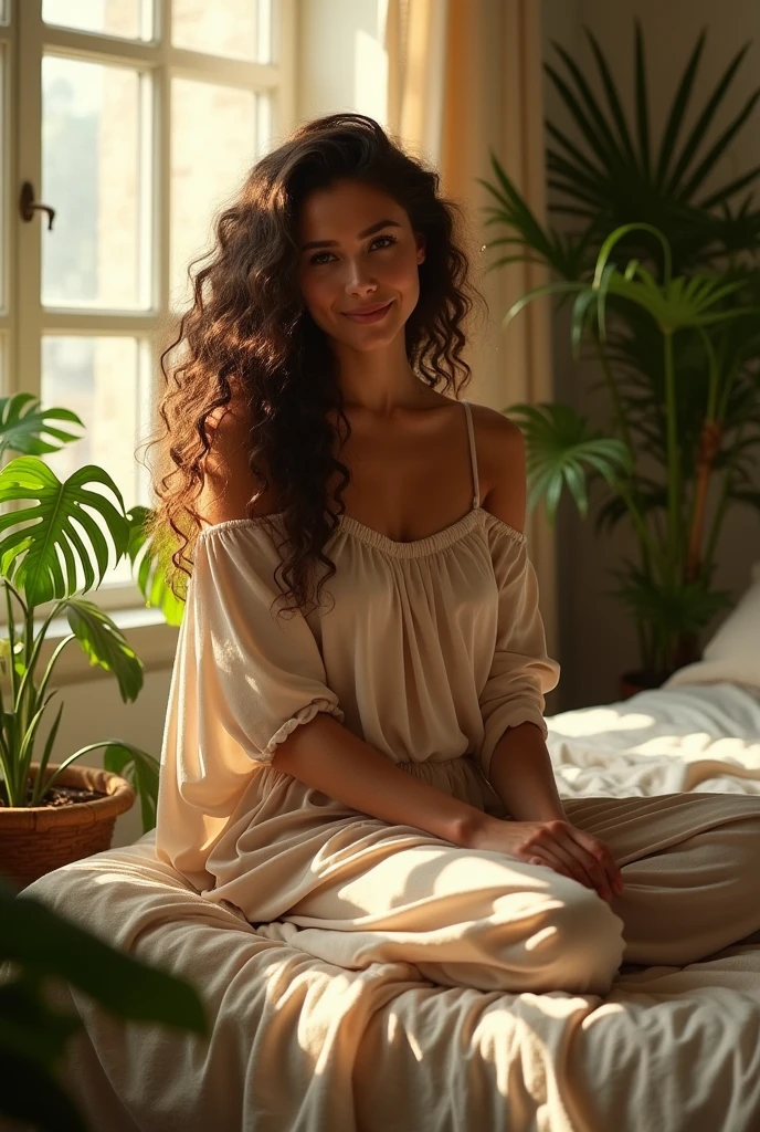 (photorealism:1.2), beautiful woman, sitting on bed, wearing loose off-shoulder top, pajama pants, long curly hair, indoors, soft lighting, plants in background, window with sunlight, cozy room, relaxed pose, realistic, intricate details, warm colors, by Greg Rutkowski, by Alphonse Mucha
