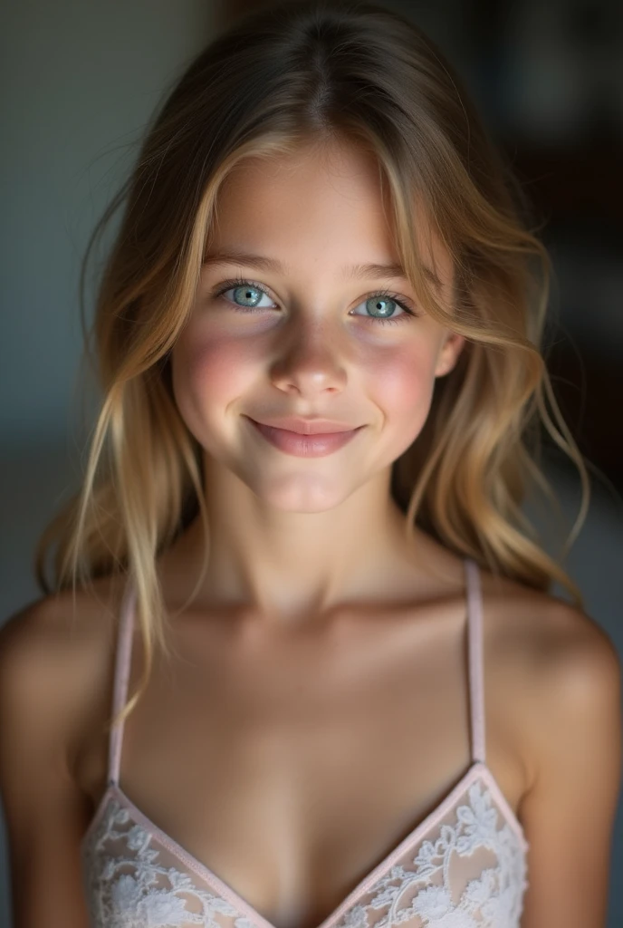 beautiful teenager, ( Best Quality, Ultra realistic image) 7 year old girl, small breasts, blue eyes,,smile,dessous
