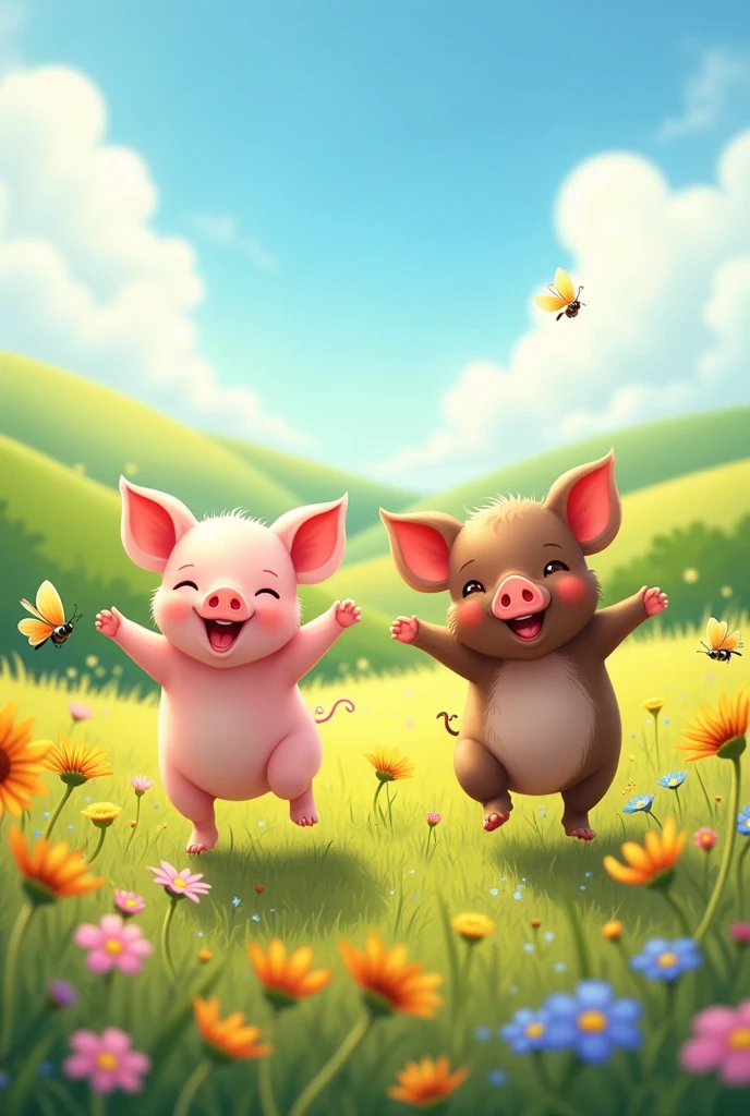 Two little pigs jumping in the meadow