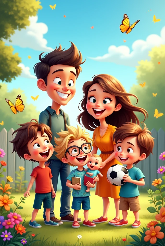 A family of seven, with husband and wife, three boys, one girl, one baby, cartoon