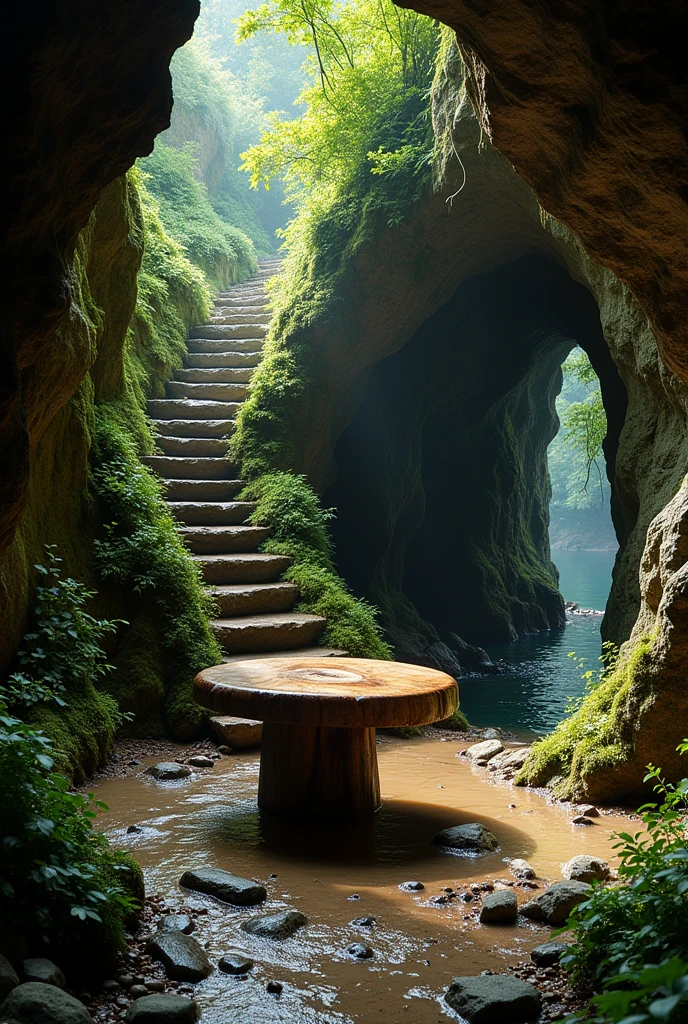 The place is a natural and closed cave (without human touches to be completely natural). The walls and floor are made of stone, on the right there is an opening and on the left there is also one, it has an opening for a staircase that GOES DOWN, in the center a table made of wood, climbing vines, vines made only with materials found in nature.
