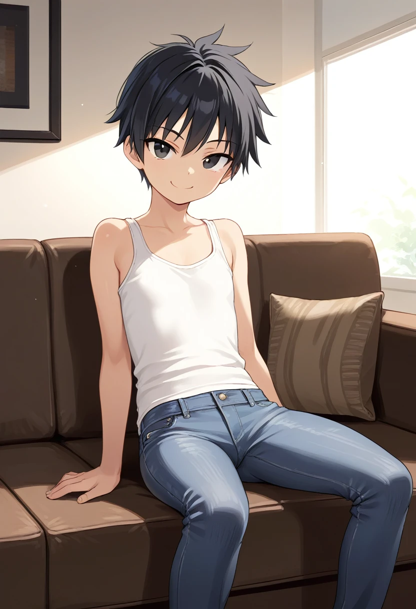 1girl, solo, tomboy, 20yo, straight hair, short hair, black hair, score_9, black eyes, flat chest, white tank top, jeans, sitting, sofa, indoors, looking at viewer, smile