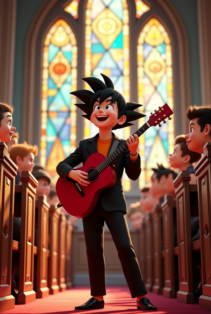 Goku in a suit happily playing guitar in a church full of people, with Disney pixar 3d style