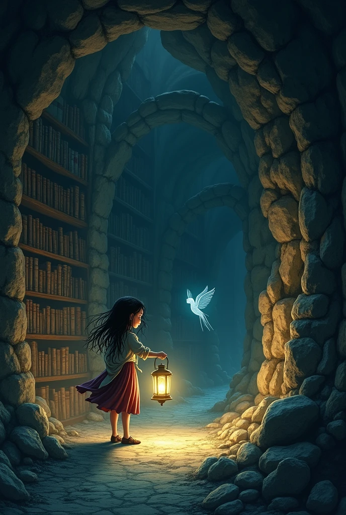 A girl, with long, unkempt hair, she carries a lantern that faintly illuminates a dark cave. Her eyes are filled with awe as she discovers an ancient library hidden deep within the cave. The library has dusty, stone shelves covered in cobwebs, with ancient books and scrolls that appear to have been untouched for centuries.
at your side, a ethereal soul floats, translucent, emitting a soft glow. The soul seems to be guiding the girl, her presence is friendly and protective. In the background, the cave is vast and mysterious, with shadows that suggest more hidden secrets in the darkness. The atmosphere is magical, with a mix of mystery and discovery.