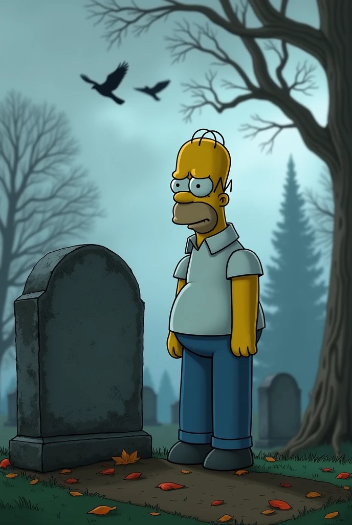 Homer Simpson at the cemetery, sad