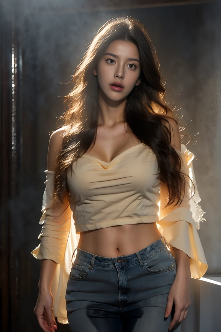 beautiful woman with an alluring figure, wearing a white crop top and blue jeans, hands bound above head with handcuffs, on a moving train, pale skin, full body, (best quality,4k,8k,highres,masterpiece:1.2),ultra-detailed,(realistic,photorealistic,photo-realistic:1.37),extremely detailed eyes and face,longeyelashes,beautiful detailed eyes,beautiful detailed lips,cinematic lighting,dramatic moody lighting,chiaroscuro lighting,muted color palette,ethereal,sensual,erotic