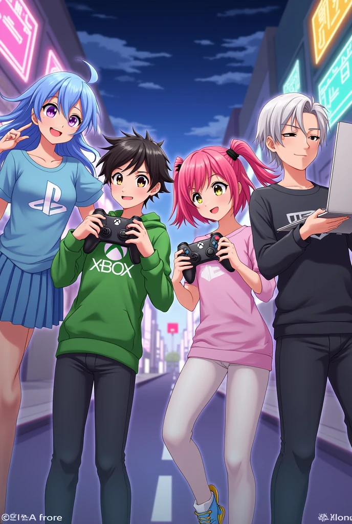 A girl Logo PlayStation, a boy logo Xbox, a girl logo Nintendo, and a boy logo Steam anime
