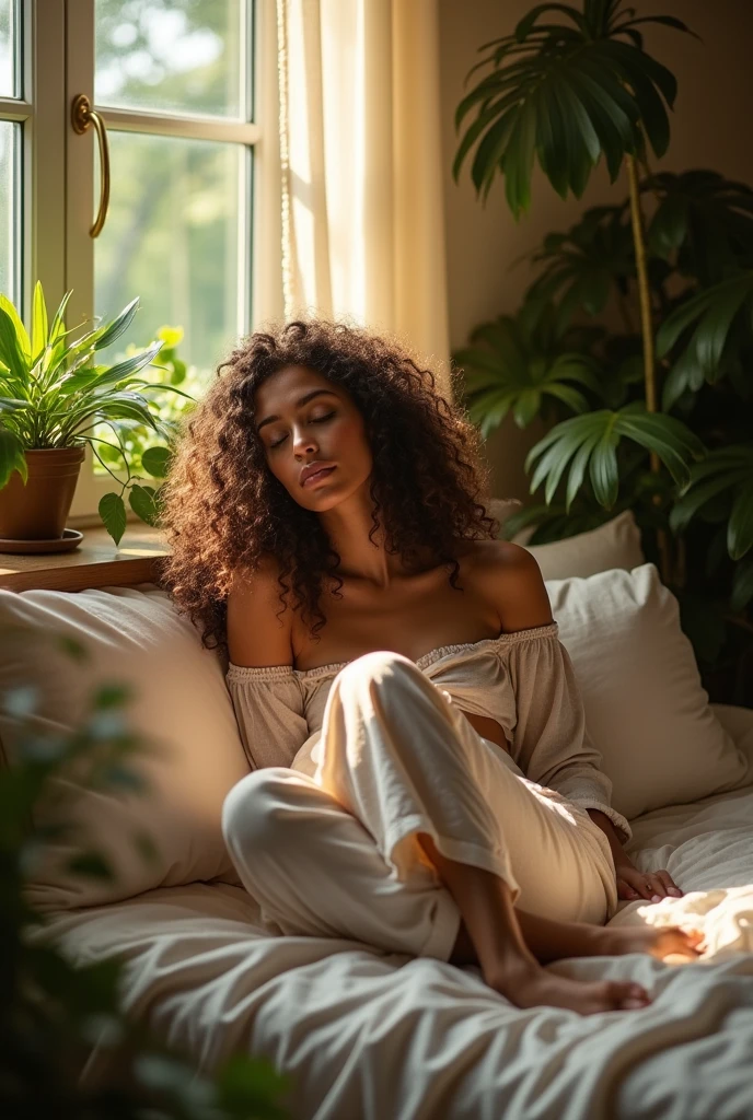 (photorealism:1.2), beautiful woman, sitting on bed, wearing loose off-shoulder top, pajama pants, long curly hair, indoors, soft lighting, plants in background, window with sunlight, cozy room, relaxed pose, realistic, intricate details, warm colors, by Greg Rutkowski, by Alphonse Mucha