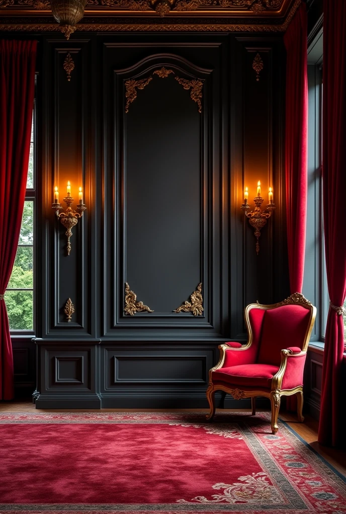 Make a background of a rich duchy mansion, in black and red colors But a room with a wall and two candles The black wall