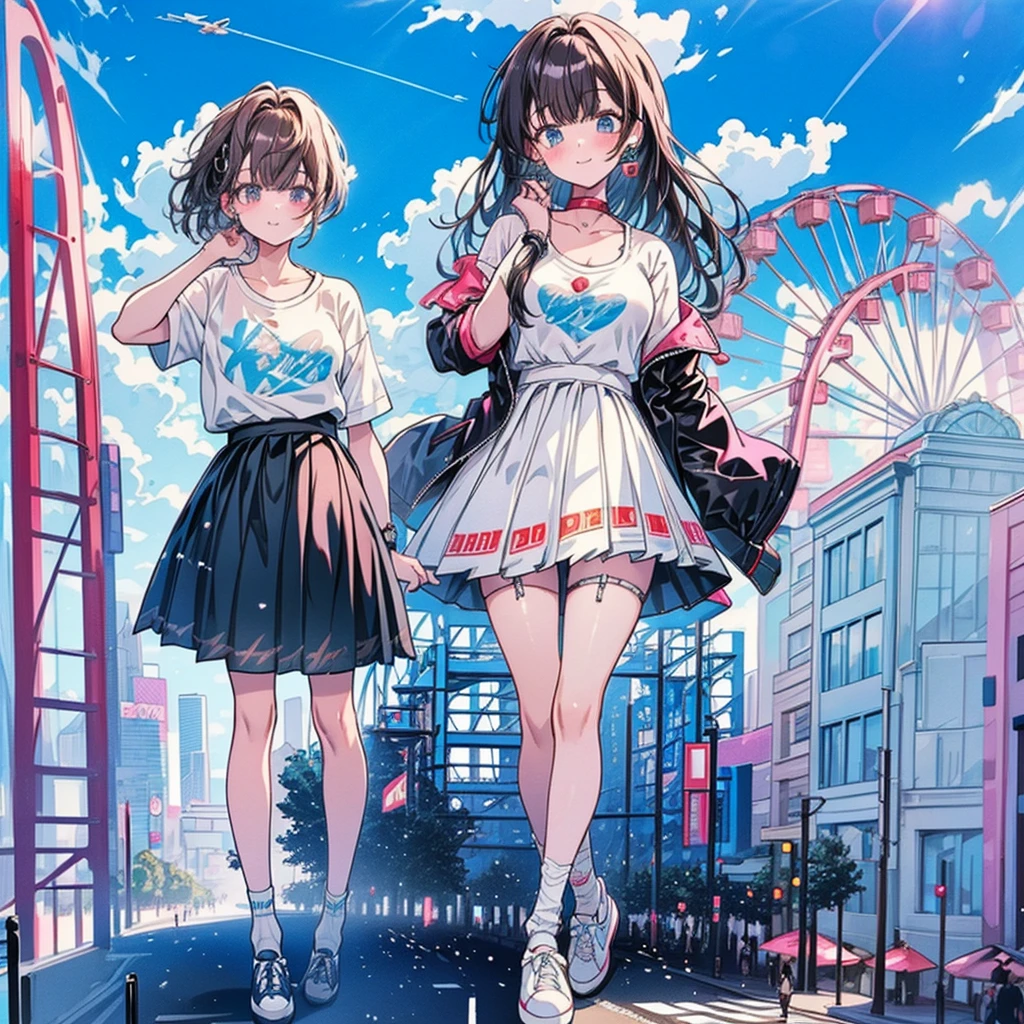 perspective from above giantess giant girl
masterpiece unreal engine anime style delicate picture 4k 90's giant crowd amusement park giant girl standing at an amusement park ferris wheel roller coaster crowd skirt big breasts white T-shirt summer clothes short sleeves private clothes sneakers white socks wristwatch black hair smile blue sky thundercloud contrail female giant giant Girl Full Body Crowd Unreal Engine, Cleavage, A Picture, Earrings, Long Hair, 1980s (Style) Cute Picture Beauty Analog Style Full Body Sneakers,