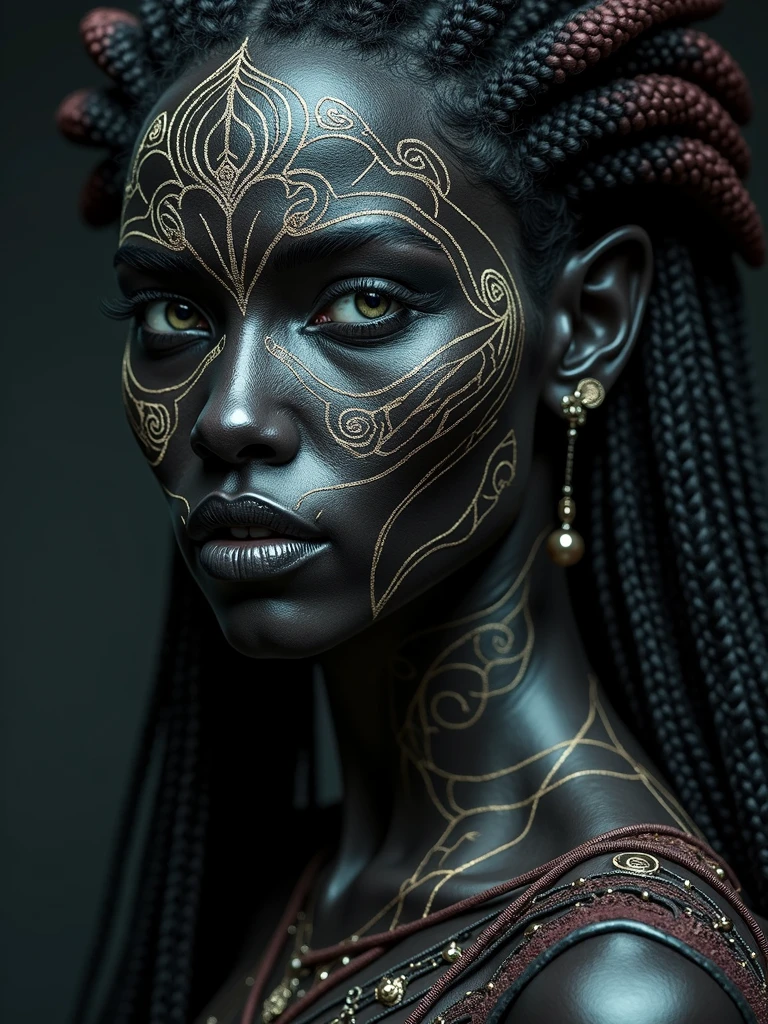 A close-up of a woman with face tattoos, dark elf, fractalpunk, intricate braided hair, matte painting portrait, beautiful android woman, pitch black skin, she's dressed in shaman clothes, tattooed face, CryptoPunk, heavy makeup