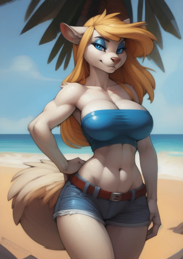 minerva, (ultradetailed), (highest quality), long hair, body, soft fluffy tail, big round breasts, slim waist, round hips, closeup, blue eyes, blue eyeshadow, masterpiece, (uploaded on e621), (((by wolfy-nail, by pixelsketcher, by smiju))), detailed fur, red tube top, jean shorts, at the beach, Looking at viewer,