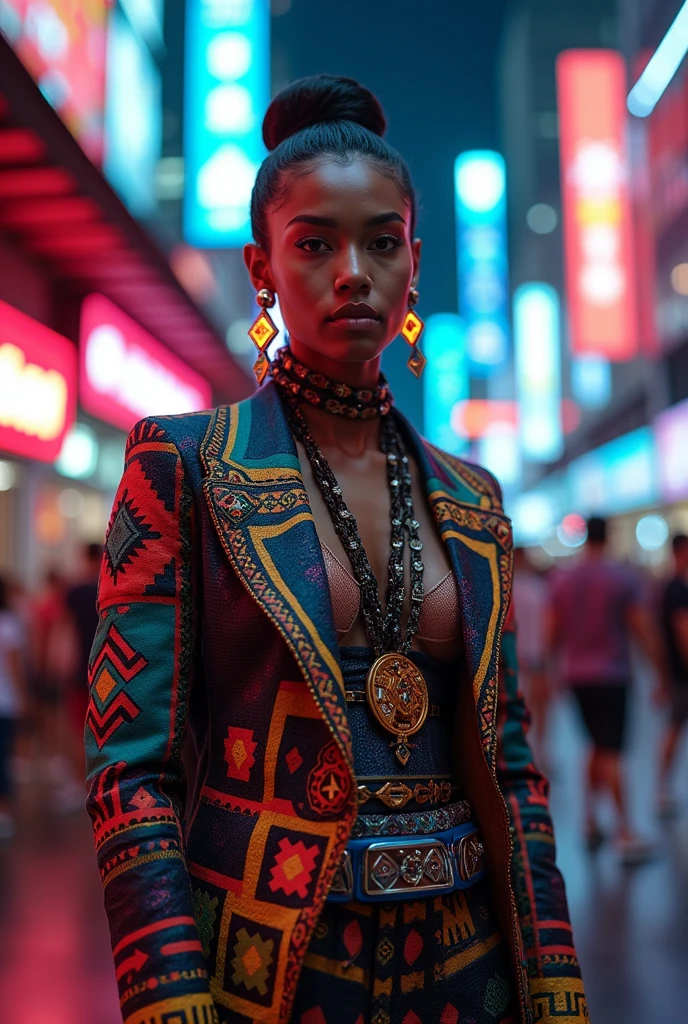 Singer's costume cyberpunk urban style mixing indigenous Amazonian fashion, with indigenous prints.
Full body front model. 