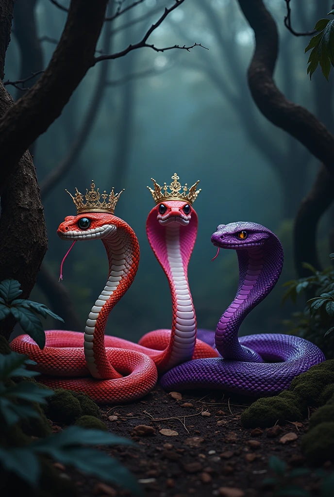 three snakes together like Regina, Karen and Gretchen from MEAN GIRLS.

first snake a mamba, with fire red white and black color, and a king crown and reflective neorave sunglasses.

second snake a viper, with baby pink color, and a princess tiara.  

third snake a rattlesnake, with deep bright purple color, with a QUEEN crown.

All Together in a black forest, spitting acid venom.