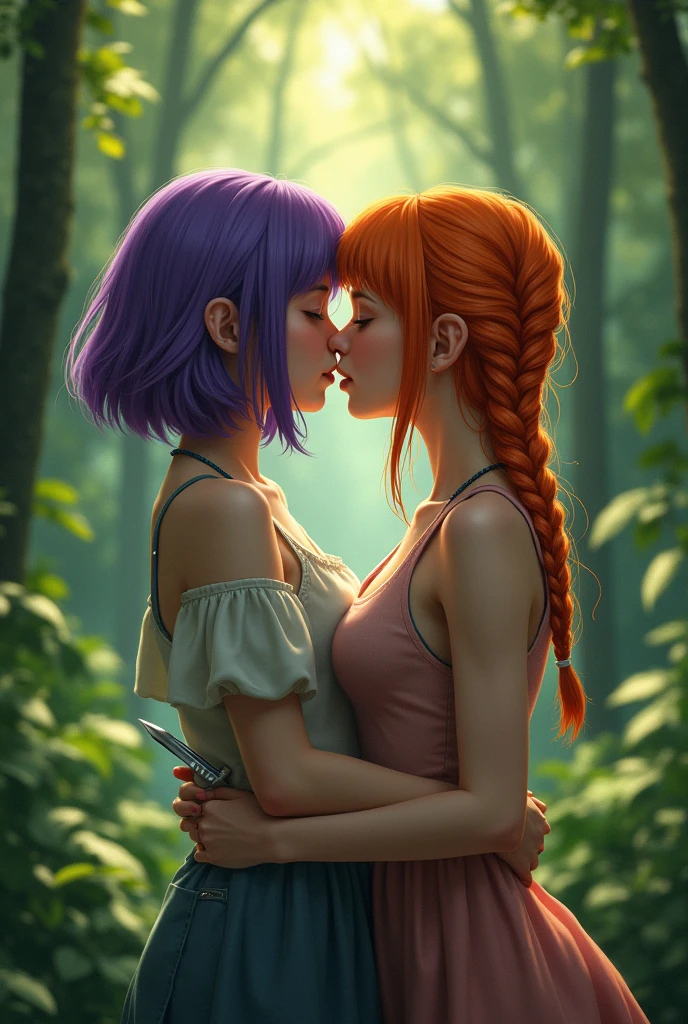 2 girls kissing in the woods, one has short shoulder-length hair and it's purple, The other one is taller, she has orange hair and wears a braid, while they are kissing, the orange haired girl is stabbing the purple haired girl in the stomach