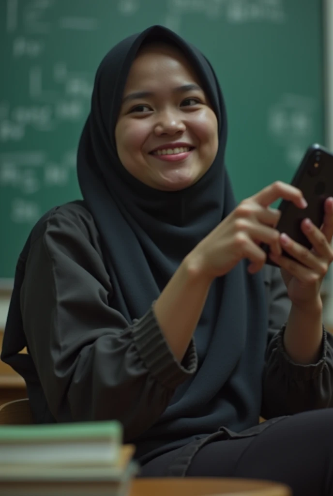 Plump vagina, sweating vagina, Beautiful girl wearing narrow dark hijab malay age girl 18 years old, kelantanese look, cute girl face, smiling, eyes looking at camera, grin, big laugh, nude, naked, naked body, sperm on vagina, no clothes, no clothing, big breasts about to burst out, closeup vagina, closeup view, plump body, showing vagina, vagina view, plump thigh, realistic skin, view from below, spreading legs on desk, in empty classroom, books on table, hand holding smartphone, side lighting, night time, hard light, high quality, ultra sharp image, ultra detail, 35mm lens, establishing shot, pastel color grading, depth of field cinematography effect, film noir genre, 8k resolution