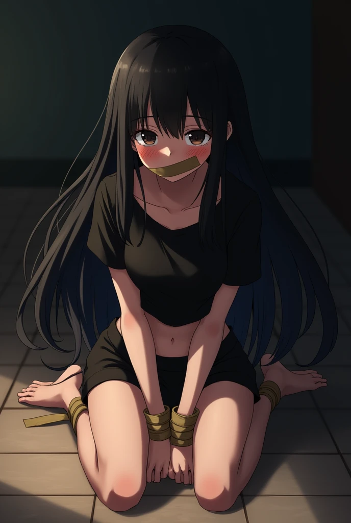 Anime girl with long black hair that is not tied, sitting in a black t-shirt that is bare on her stomach, her mouth is covered with tape, her hands are wrapped with brown tape behind her back, and her cheeks are red, and her feet are wrapped with tape.