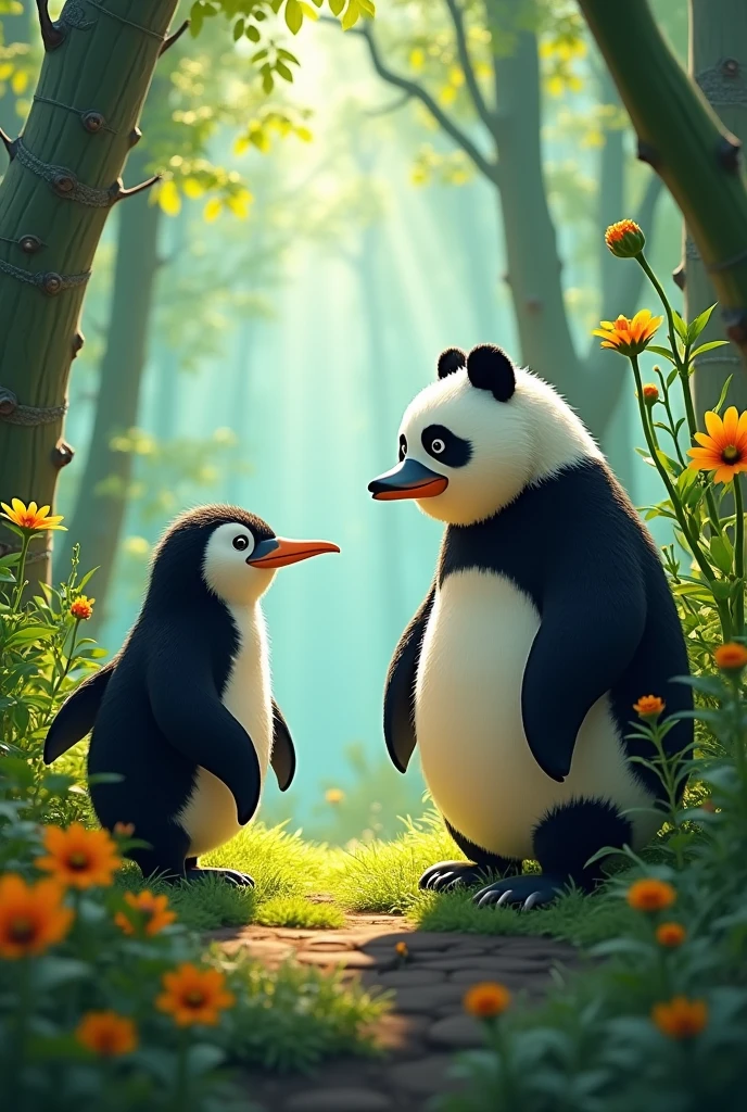 Penguin killing a panda animated image
