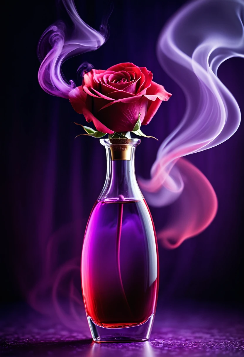 long exposure photo of a{red smoke sprayed from a perfume bottle(accurate prompt:1.8)sprayed a red-purple fog(red to purple gradation:0.7), sprayed to purple rose petal(rose:1.2)}in motion, red vapor sprayed, vertical angle shot, blurred edges, slow shutter speed motion photography, shot on Fuji Film XT4 camera f/1.2 ISO 200 silver silk curtain background, glowing curtain, oval vignette, focus on the bottle, UHD, best quality wallpaper, 8k, dramatic light, intricate detailed