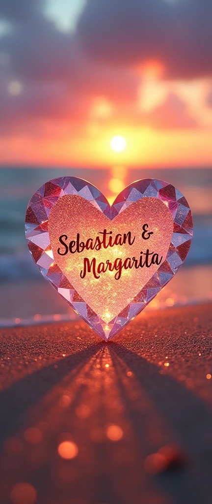 A diamond heart with writing in the center "Sebastian & margarita". The diamond is on the shore of the beach