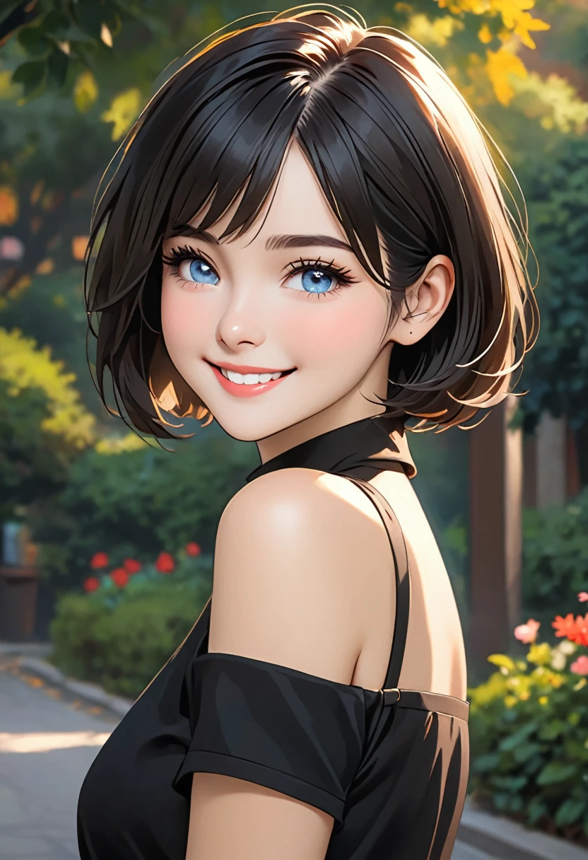 Create a female character, young adult, with soft and friendly strokes. She has fair skin and short hair, smooth ass, and dark. Her eyes are expressive and convey serenity and confidence. His smile is subtle, demonstrating a balanced and welcoming personality. She wears a stylish black shirt, which complements her professional and modern style. Her expression reflects wisdom and professionalism, but also accessibility and kindness