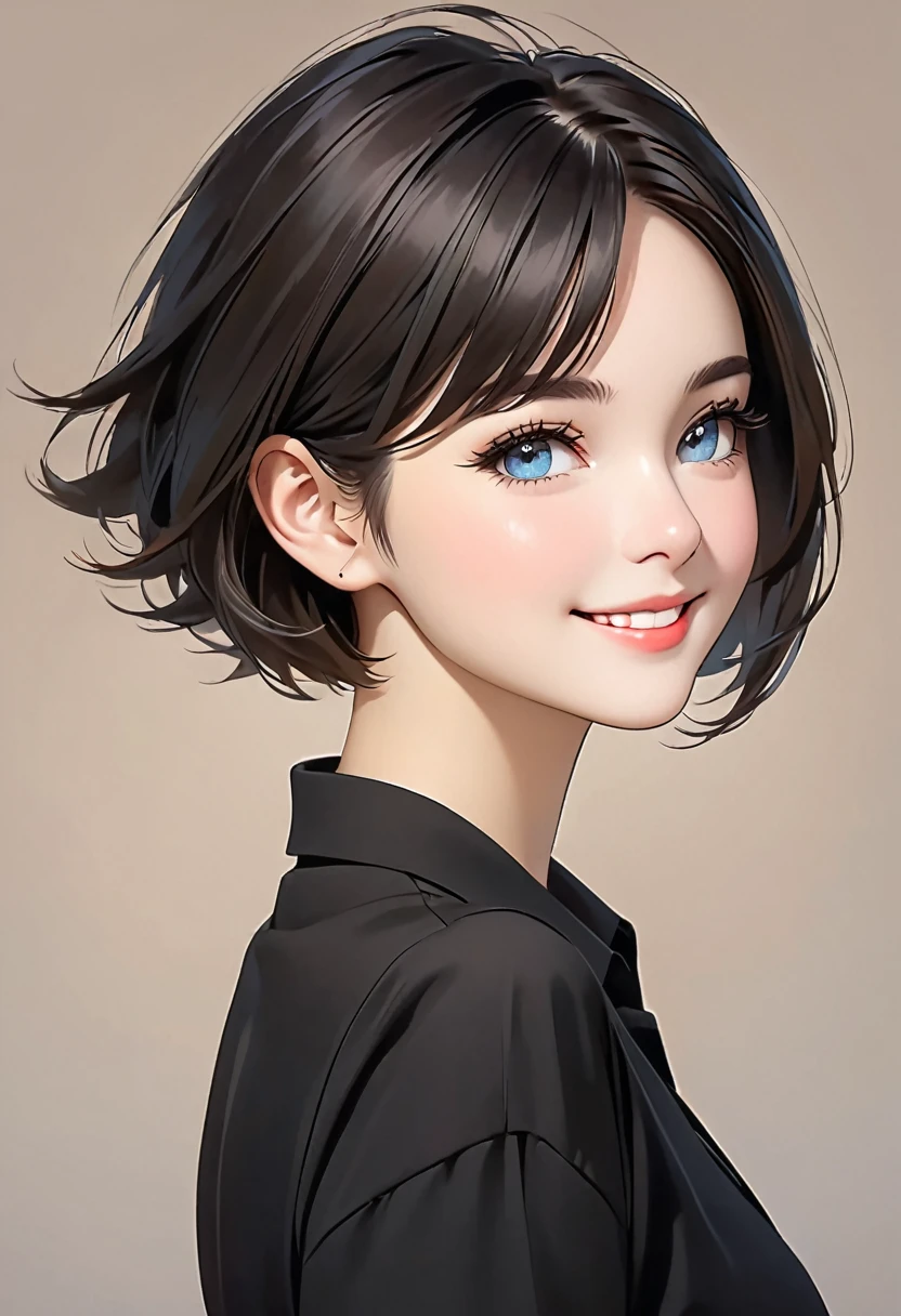 Create a female character, young adult, with soft and friendly strokes. She has fair skin and short hair, smooth ass, and dark. Her eyes are expressive and convey serenity and confidence. His smile is subtle, demonstrating a balanced and welcoming personality. She wears a stylish black shirt, which complements her professional and modern style. Her expression reflects wisdom and professionalism, but also accessibility and kindness
