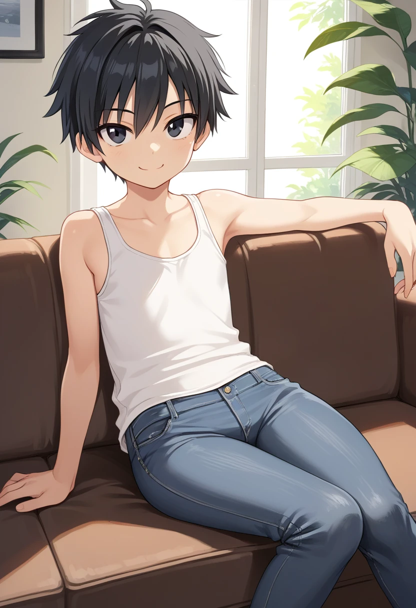 1girl, solo, tomboy, 20yo, straight hair, short hair, black hair, score_9, black eyes, flat chest, white tank top, jeans, sitting, sofa, indoors, looking at viewer, smile