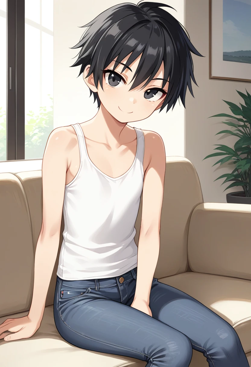 1girl, solo, tomboy, 20yo, straight hair, short hair, black hair, score_9, black eyes, flat chest, white tank top, jeans, sitting, sofa, indoors, looking at viewer, smile