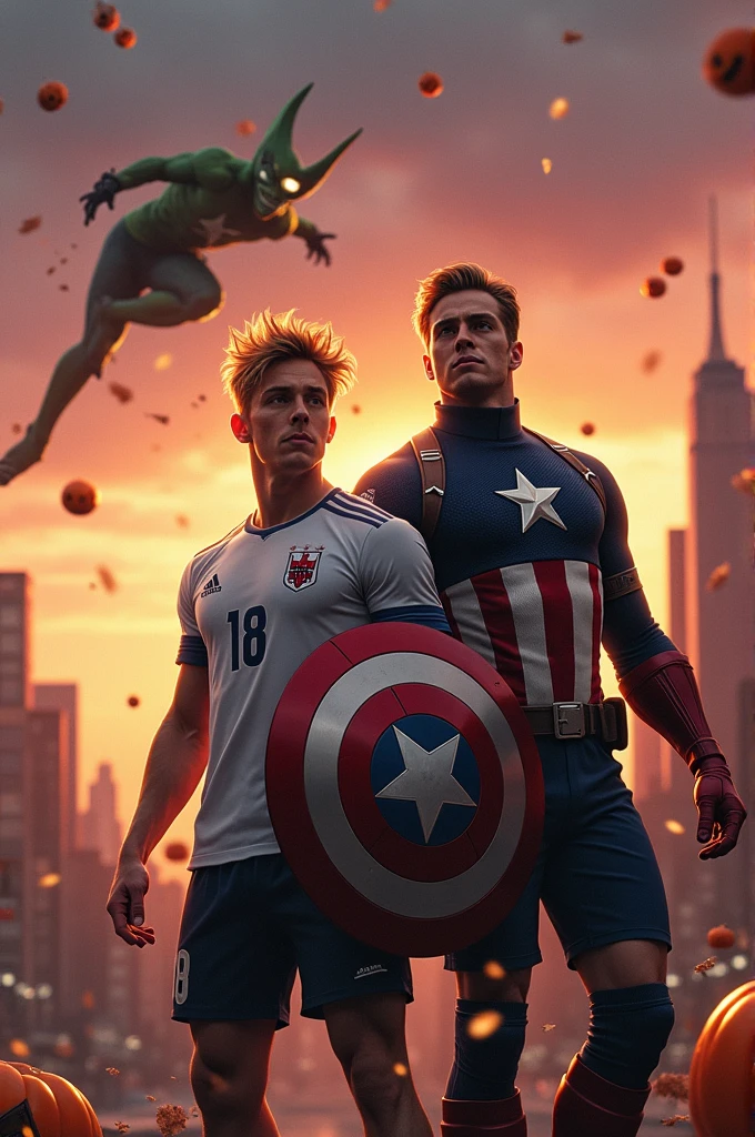I want you to make an image of Fernando Torres and Captain America confronting the Green Goblin. 