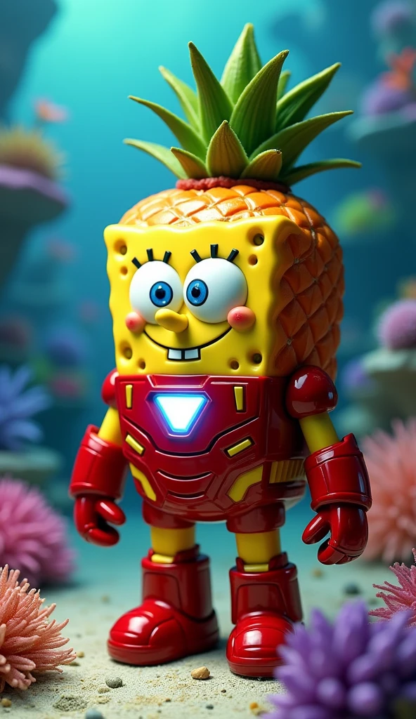 SpongeBob, transformed into Iron Man, stands in his pineapple home with a suit of gleaming red and gold armor. The armor, though fitting his square, sponge-like body, still exudes the sleek, powerful design of Iron Man. His eyes, visible through the helmet's visor, are filled with a mix of determination and nervous excitement. The arc reactor glows brightly on his chest, illuminating the room with a warm light. As he prepares to take flight, there's a poignant mix of humor and bravery in the scene, capturing SpongeBob’s innocent courage combined with the iconic strength of Iron Man.