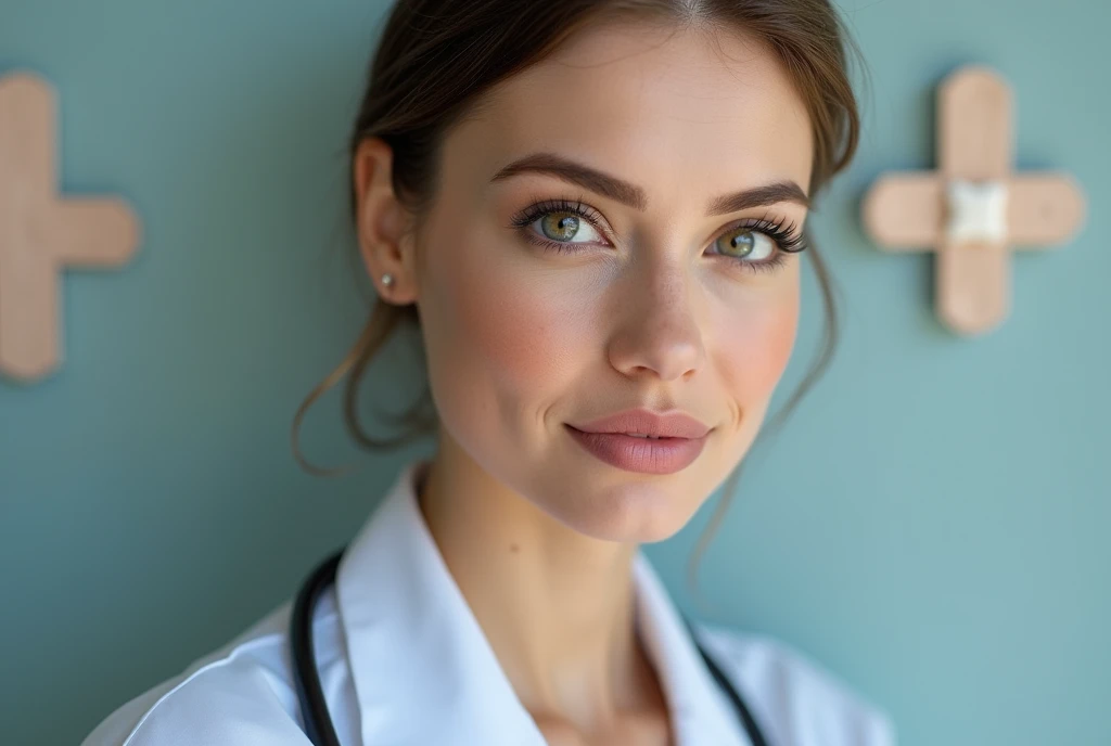 (beautiful detailed eyes, beautiful detailed lips, extremely detailed eyes and face, long eyelashes), 1girl, nurse, medical cross, bandage icon, wound therapy, home care, clean, professional typography, soothing color palette, business card, branding, (best quality,4k,8k,highres,masterpiece:1.2),ultra-detailed,(realistic,photorealistic,photo-realistic:1.37), (poakl)