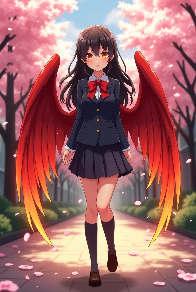 hair cut: Curtain bangs (loose hair, wavy and long)
hair-color: black
Eye color: a yellow AND RED
Power: possesses red wings and control of fire
School uniform clothing
Art style: アニメ (bha)
name: Yumi Takami
Characteristics: Beautiful Character, appealing, intense stare