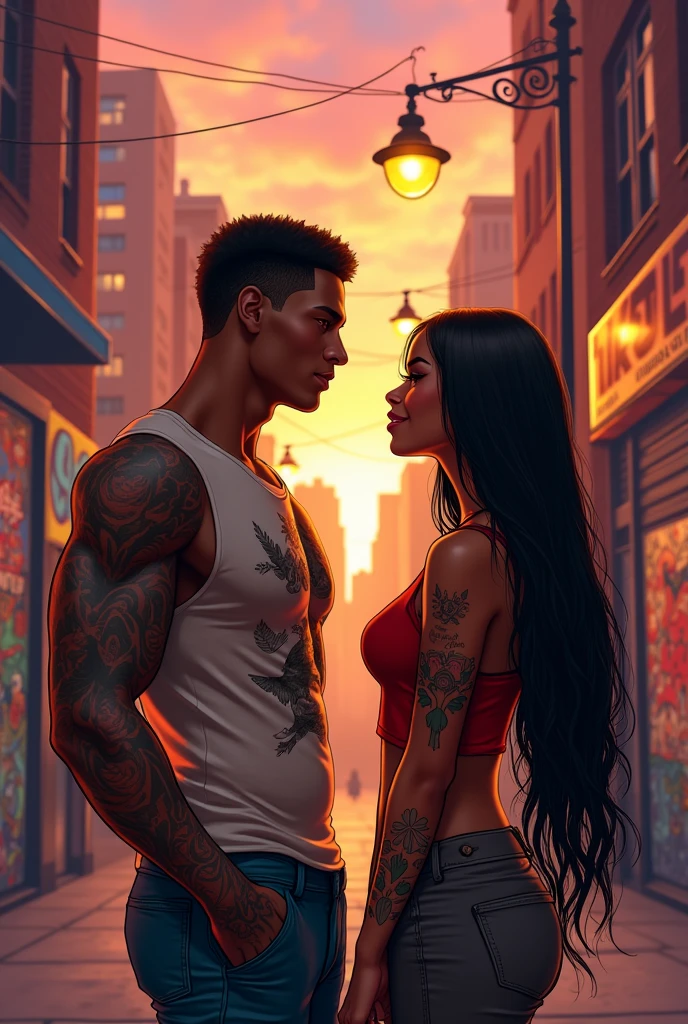 Create an image with a girl that looks like the character Chel Chel (This girl has brown skin, flat hair, compridos, and black.) Along with her boyfriend Taiju Shiba (he's tall, muscular, tattooed, and white.)