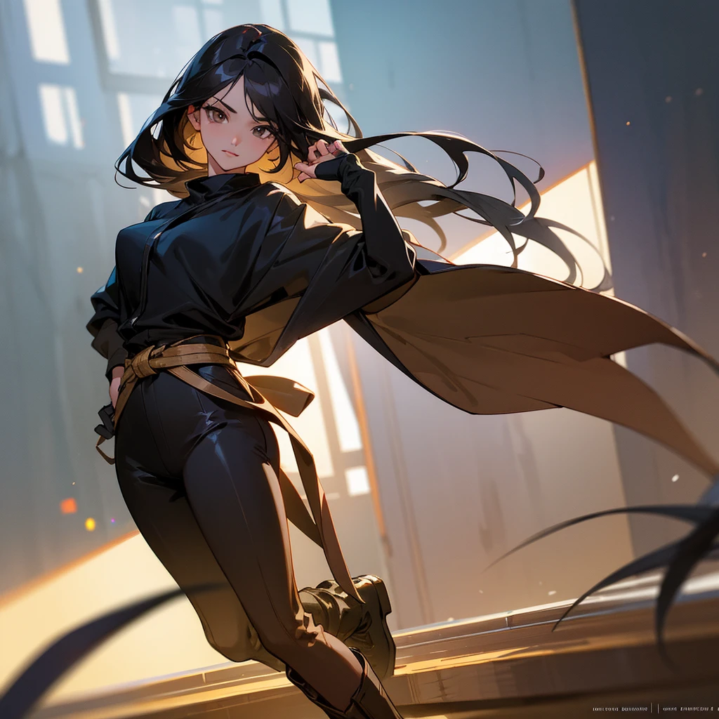 [a SINGLE beautiful girl with long black wavy hair, dark skin, light brown eyes, thin eyebrows, defined jaw, V-shaped face, wearing black sweatshirt with "Y/N" text on it, gray pants, black boots, fingerless gloves, indoor Japanese-style room environment with daylight, realistic, photorealistic, photorealistic: 1.37, best quality, 4k, 8k, high resolution, masterpiece: 1.2, ultra detailed, HDR, UHD, studio lighting, ultra fine painting, sharp focus, physically based rendering, extreme detail depiction, professional, vivid colors, bokeh]