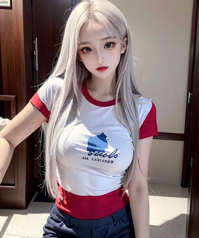 Woman with long hair see straight, white hair color, high detailed, realistic, ultra realistic, (red color t-shirt and short pant blue), make up eyes,