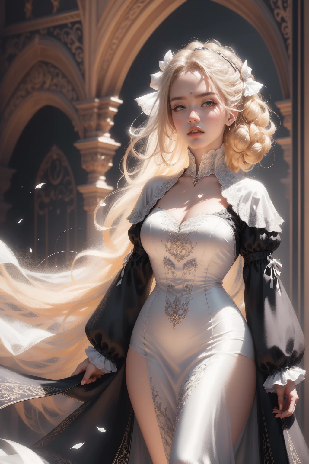 (Masterpiece - Ultra-detailed, very high resolution) Prepare to be enchanted by a true masterpiece that combines ultra-detailed art with high-resolution rendering. This work depicts a mesmerizing woman with very long blond hair (1.3) and captivating gray eyes (1.2), emanating an aura of elegance and mystery in Victorian settings. The intricate details and realistic textures invite you to explore every aspect of this enchanting composition. Woman wearing beautiful classic Victorian costume from the year 1878. Red lips. Happy face. Smiling. white (white) dress. Walking, backwads, looking back, dynamic poses. Get ready to dive into a world where beauty and craftsmanship merge perfectly.