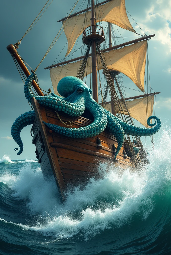 Create a ship with an octopus on it which idla fighting with the waves in the sea with no background 
