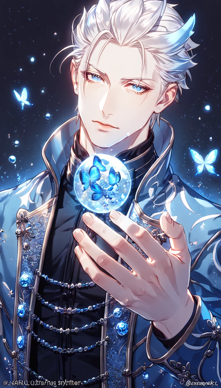 absurdres, highres, ultra detailed, HDR, master piece, best quality, Vergil, white hair, slicked up, expressive blue eyes, Devil May Cry, solo, sexy man, handsome, sensual, blue coat, black shirt, magical, fantasy, water, blue flames, blue moon, starry, blue fireflies, blue flowers, blue butterflies, glass magic