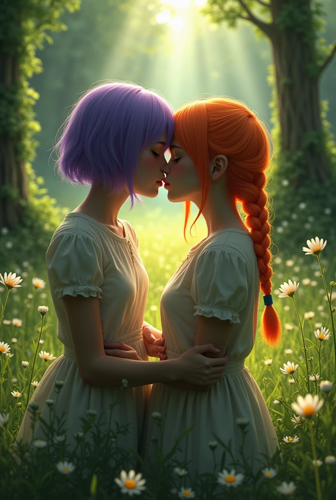 2 girls kissing in the woods, one has short shoulder-length hair and it's purple, The other one is taller, she has orange hair and wears a braid, while they are kissing, the orange haired girl is stabbing the purple haired girl in the stomach 