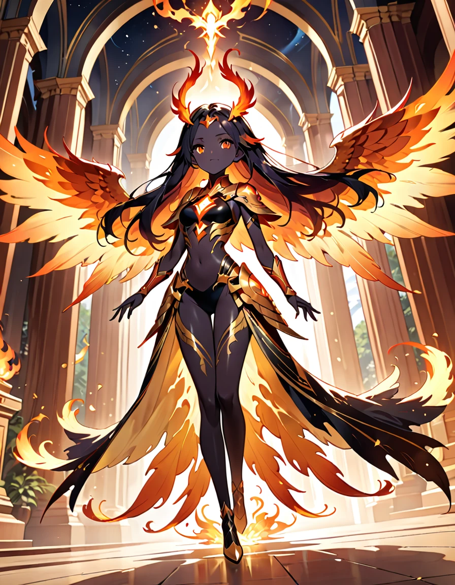 (((masterpiece, best quality, high detailed, 16k))) (1girl) A radiant young girl imbued with the powers of the phoenix, her eyes glowing with an inner fire. Her long, flowing hair is a fiery mix of red, orange, and gold, resembling the flames of a phoenix. She wears a celestial armor, shimmering with a blend of white and gold, adorned with ethereal patterns and symbols of rebirth and renewal. The armor is both elegant and protective, with feather-like accents that give her an otherworldly appearance. She emanates a warm, powerful aura, and behind her, ethereal wings of fire seem to form, hinting at her phoenix heritage. ((full body view)) (devil:1.3), (pure black skin:1.3), (dynamic angle:1.2).